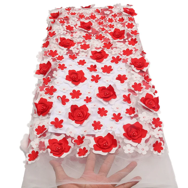 

Latest White & Red French Tulle Lace Fabric African 3D Flowers With Beads Tulle Laces Fabric For Wedding Dressed XZ1719B-2