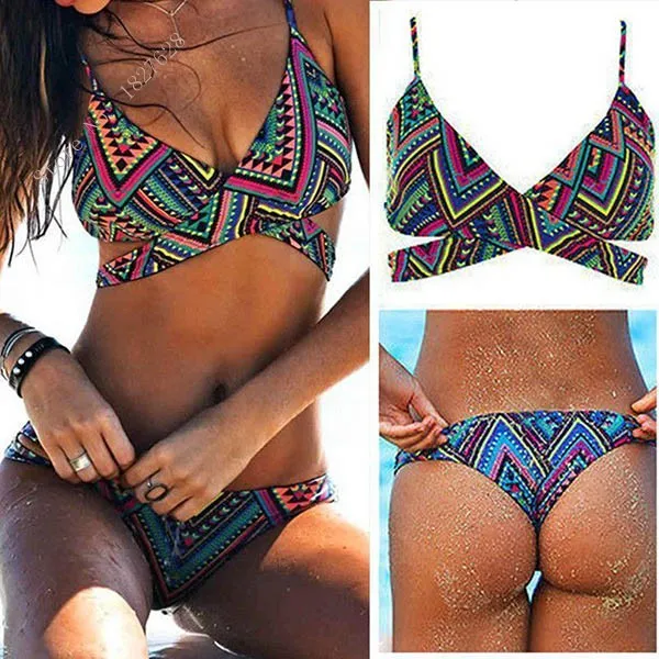 

Sexy Retro Women Swimwear Print Bikini Set Push-Up Bra Cross Straps Beachwear Multicolor