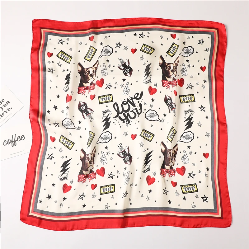 

Cute Dog Print Scarfs for Women Silk Small Square Neck Scarf Lady Foulard Handkerchief 2019 Designer Wrap Band