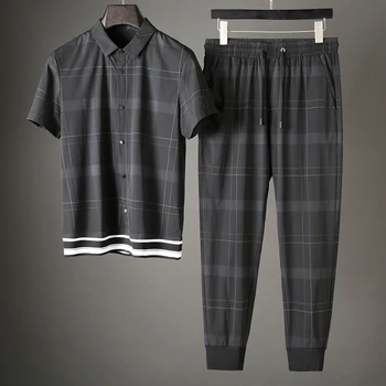 

DIYLIVE summer high-end plaid two-piece suit Fashion men's lapel short-sleeved suit Men's sports and leisure suit