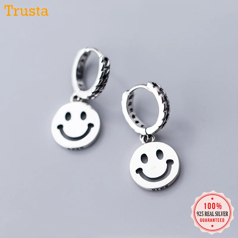 

Trusta 2019 100% 925 Solid Sterling Thai Silver Smiling Face Small Hoop Earrings For Girl Teens Gift Women Fashion Jewelry DA72