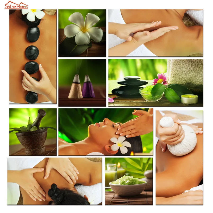 

ShineHome-10pcs Wall Art Canvas Prints Modular Paintings Spa Body Nail Salon Massage Artwork Panel Picture Green Canvas Printing