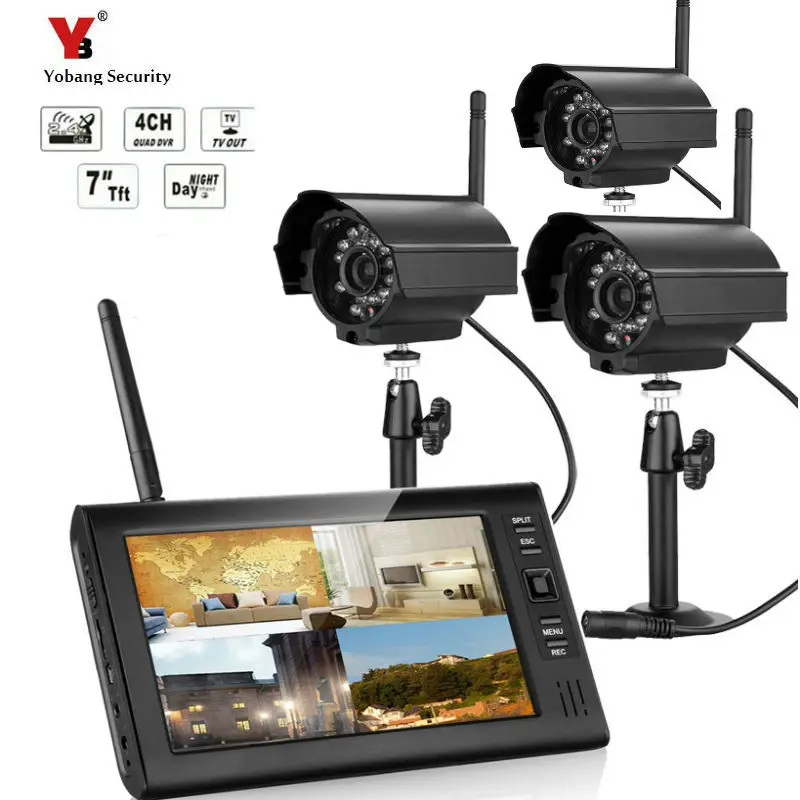 

7" LCD 4CH Wireless CCTV Camera DVR Digital Video Home Security System Outdoor baby monitor kit sd card motion detection