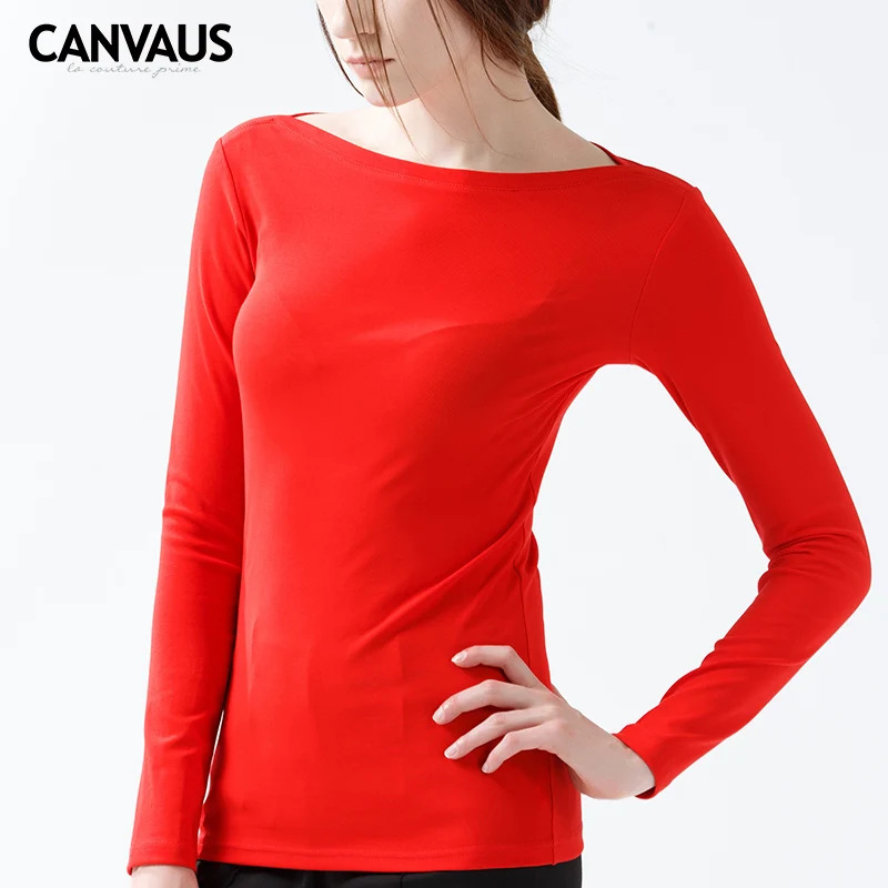 

CANVAUS Autumn Cotton Solid Slim Casual Slash Neck Long-sleeved Women Clothing White T shirt Tops Camisas Mujer Undershirt F132A