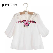 JOYHOPY/ детские блузки рубашки с цветочной вышивкой для девочек Новая Модная стильная детская одежда для девочек