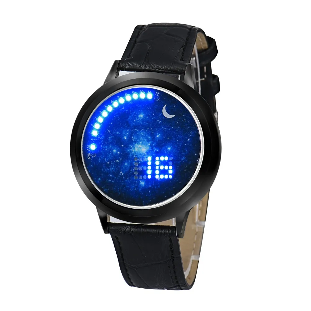 

Women Men Girl Boy Touch LED Electronic Multifunctional Sports Watch Night Star Moon Pattter PU Leather Wristwatches Relogio