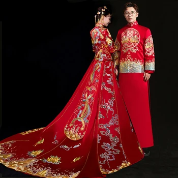 

Bride Groom Cheongsam Vintage Chinese Style Wedding Dress Clothing Lady Embroidery Phoenix Gown Marriage Qipao red Clothes