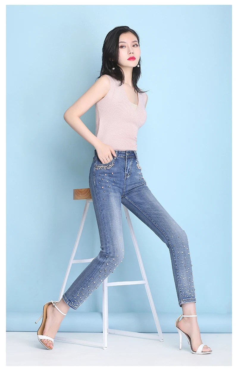 Женские прямые джинсы длиной до щиколотки тонкие эластичные джинсовые брюки женские Большие размеры брюки светло-голубые вышитые клеш