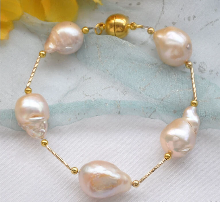 

A REAL 8" 17mm pink BAROQUE KESHI REBORN PEARL gild 5star bracelet Z5610