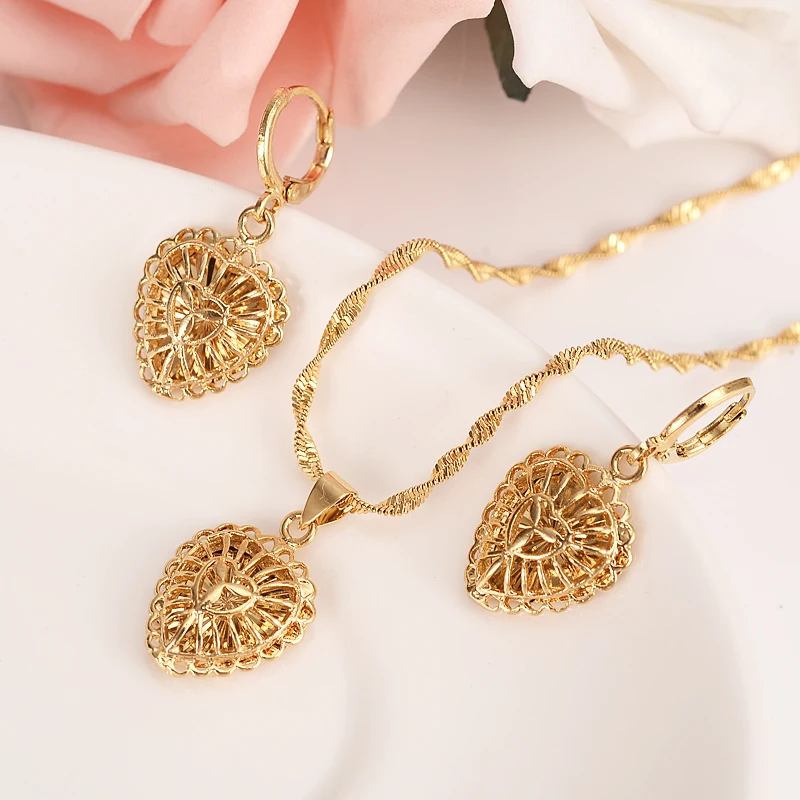 

Gold dubai heart African jewelry Set Necklace pendant Earrings Eritrea wedding bridl jewelry for women sweater chain gifts