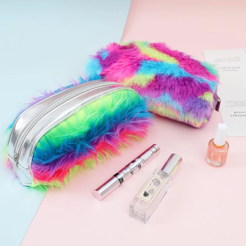 

1 Pcs Novelty Rainbow Plush Laser Women Purse Leather Zipper Cosmetic Makeup Beauty Pencil Case for Stationery Pencil Bags