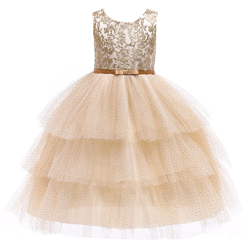 

Baby Girl Embroidery Elegant Party Dress Wedding Gold Silver Toddler Girl First Feast Mesh Princess Dress Children Clothing
