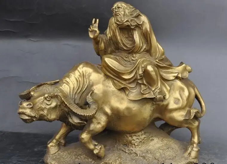 

880070223<<<12"Chinese Brass Taoism Literator Philosopher Lao Zi Lao-tzu Ride Bull Ox Statue