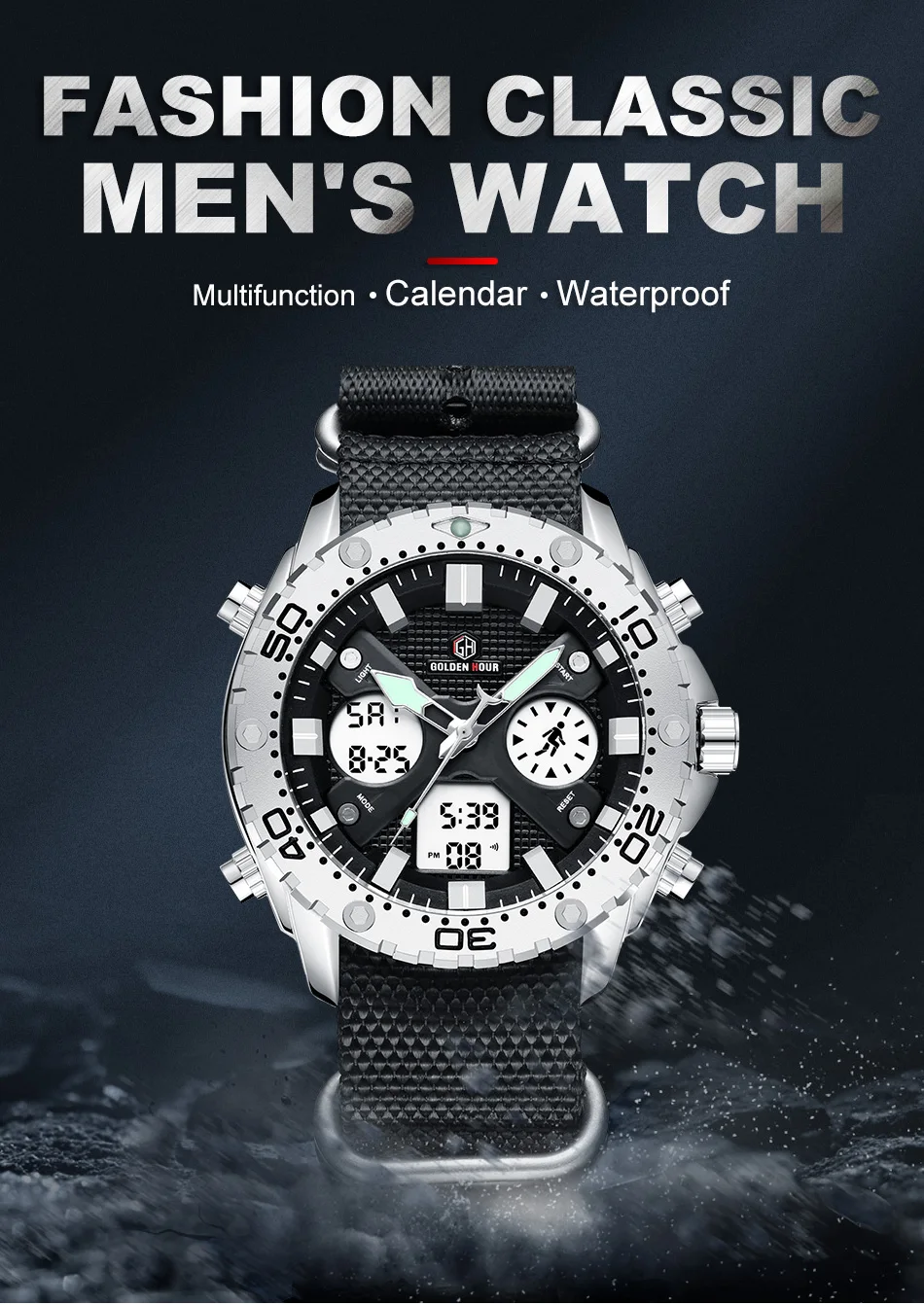 GOLDENHOUR мужской светодиодный стробоскоп для автомобильной Роскошные модные часы холщовый ремешок мужские военные спортивный хронограф наручные часы