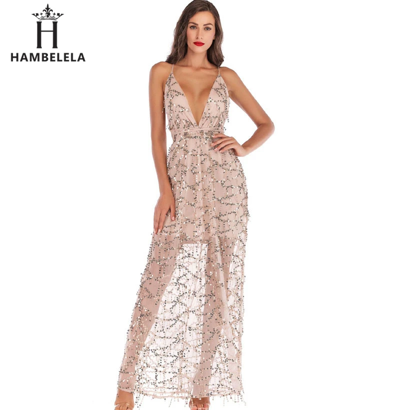 

HAMBELELA 2019 New Summer Women Dress Sexy V Neck Sequined Mesh Long Party Dresses Elegant Female Streetwear Formal Party Dress