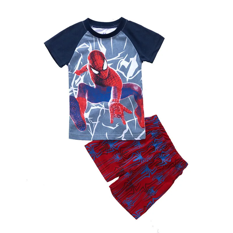 Комплекты пижам для маленьких мальчиков летняя детская хлопковая одежда для сна с короткими рукавами пижамы с рисунком Минни Супермена милые комплекты одежды для девочек - Цвет: Spider Man 048