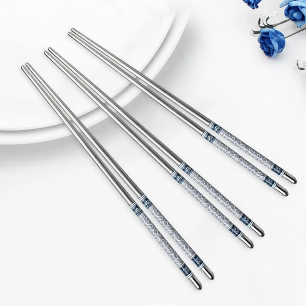 5 Pairs Stainless Steel Durable Food Stick Chinese Traditional Flowers Pattern Stainless Chopsticks Tableware Christmas Gifts