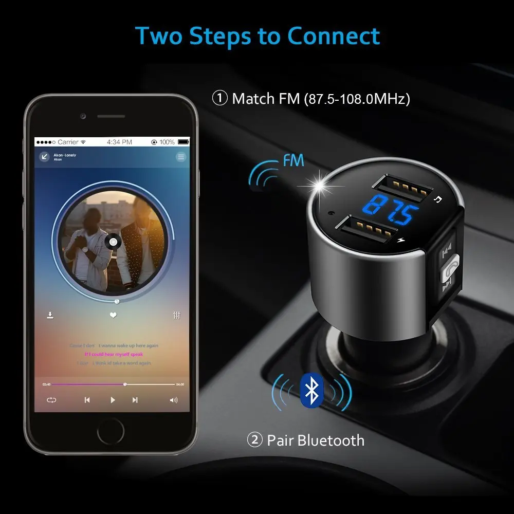 Bluetooth FM Transmitter Wireless In-Car MP3 Player Bluetooth Transmitter Radio FM Transmitter with Dual USB port for SmartPhone
