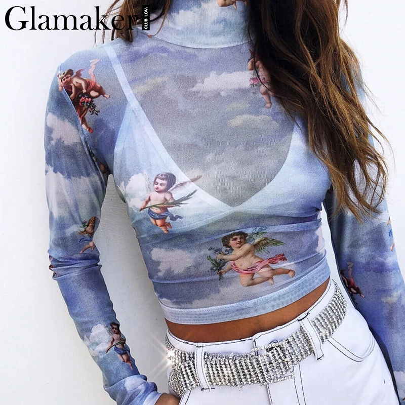Glamaker الملاك طباعة مثير شبكة قصيرة النساء تي شيرت الكورية bodycon عارضة الصيف t قميص طويل الأكمام أعلى بلوزات على الموضة و تيز 2019 Glamaker الملاك طباعة مثير شبكة قصيرة النساء تي شيرت الكورية bodycon عارضة الصيف t قميص طويل الأكمام أعلى بلوزات على الموضة و تيز 2019