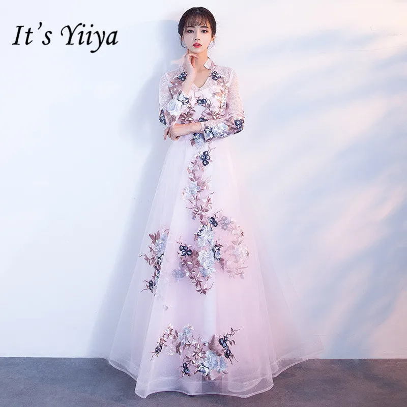 

It's YiiYa Fashion Embroidery Prom Gowns Elegant Long Sleeve V-neck Printing A-line Formal Dresses H179