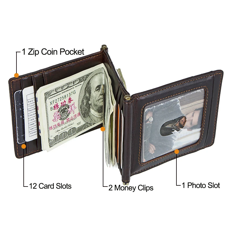 Leather Bifold Wallet Money Clips Wallet Tri Fold Wallet Crazy Horse cowhide leather RFID money clip slim card wallet trifold male cash clamp man cash holder zip coin pocket