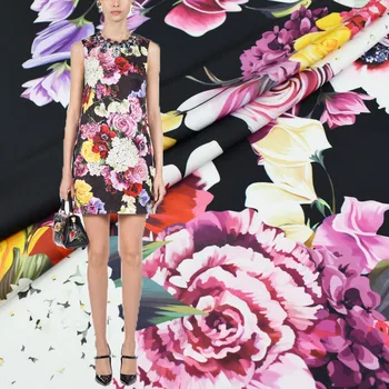 

Black bottom flowers bloom emulation silk stretch fabric for satin dress bazin riche getzner telas por metro tissus au metre DIY