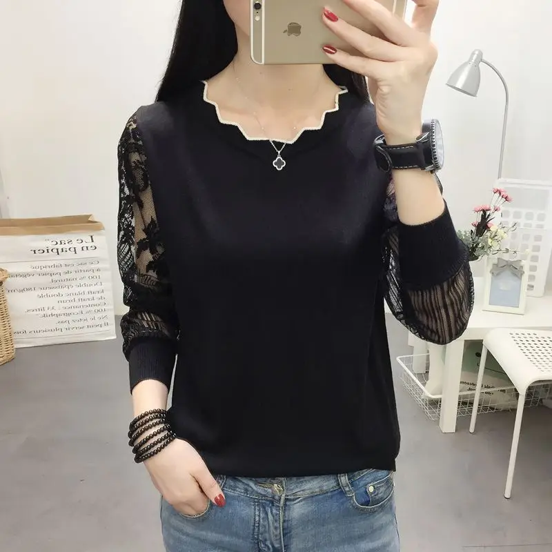 black OHCLOTHING кружевной свитер женская нижняя блуза с длинным рукавом Свободная Весенняя НОВАЯ тонкая трикотажная блузка трендовая блузка - Цвет: black