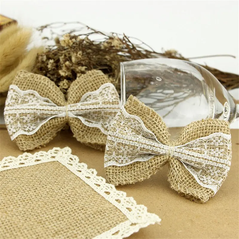 1Pcs Vintage Lace Bowknot Natural Jute Burlap hessian Bows DIY Lace Ribbon Crafts for Christmas Wedding Party Decoration 62516