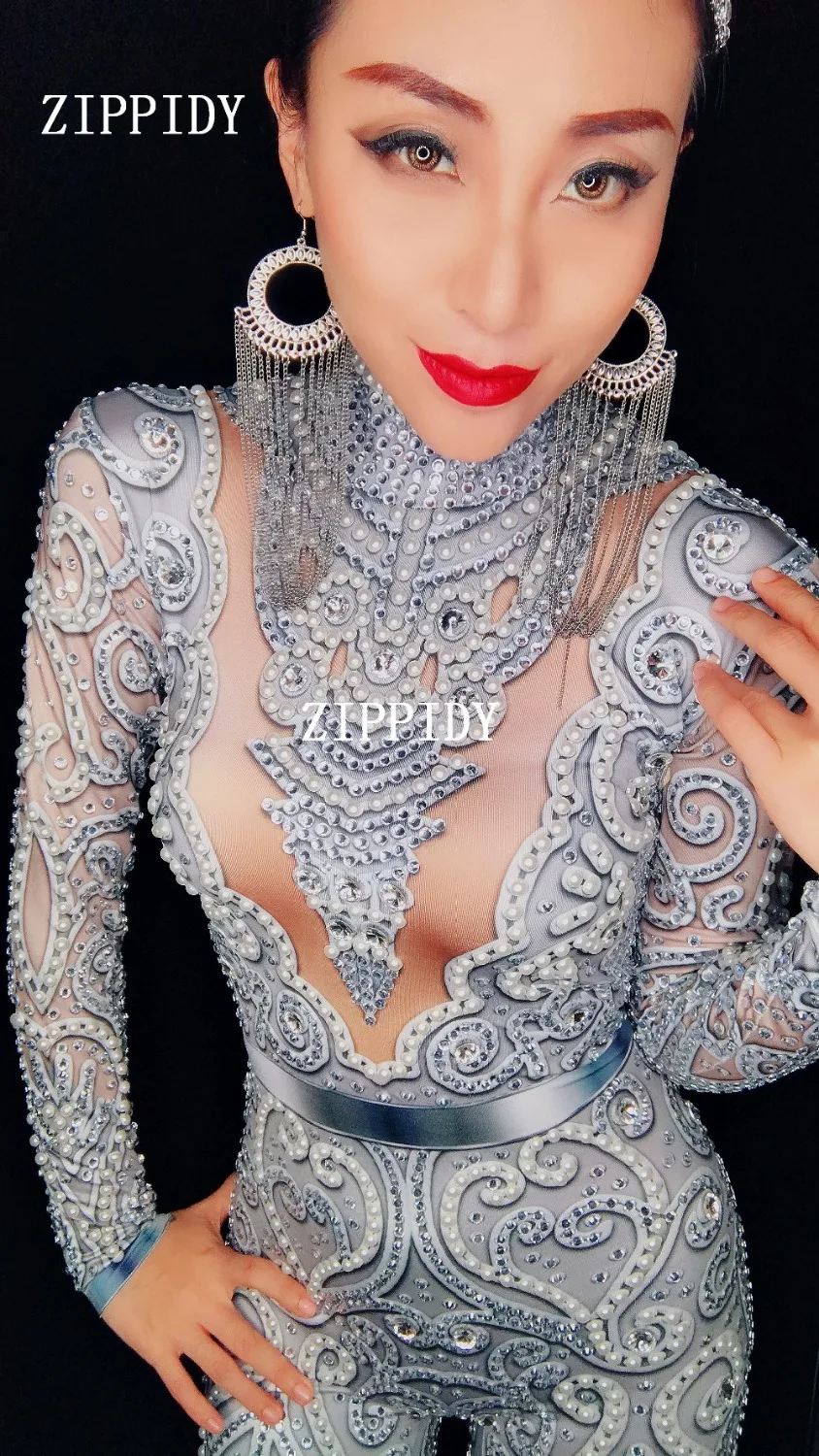  Sparkly Silver Rhinestones Jumpsuits long Sleeves Stretch Sexy Bodysuit Stage party Performance Celebrate Nightlcub outfit