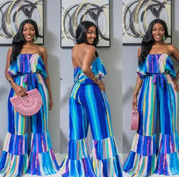 

New spot ebay best selling digital printing wide leg wrapped chest vertical print ruffled jumpsuit H9591 bodycon sexy jumpsuit