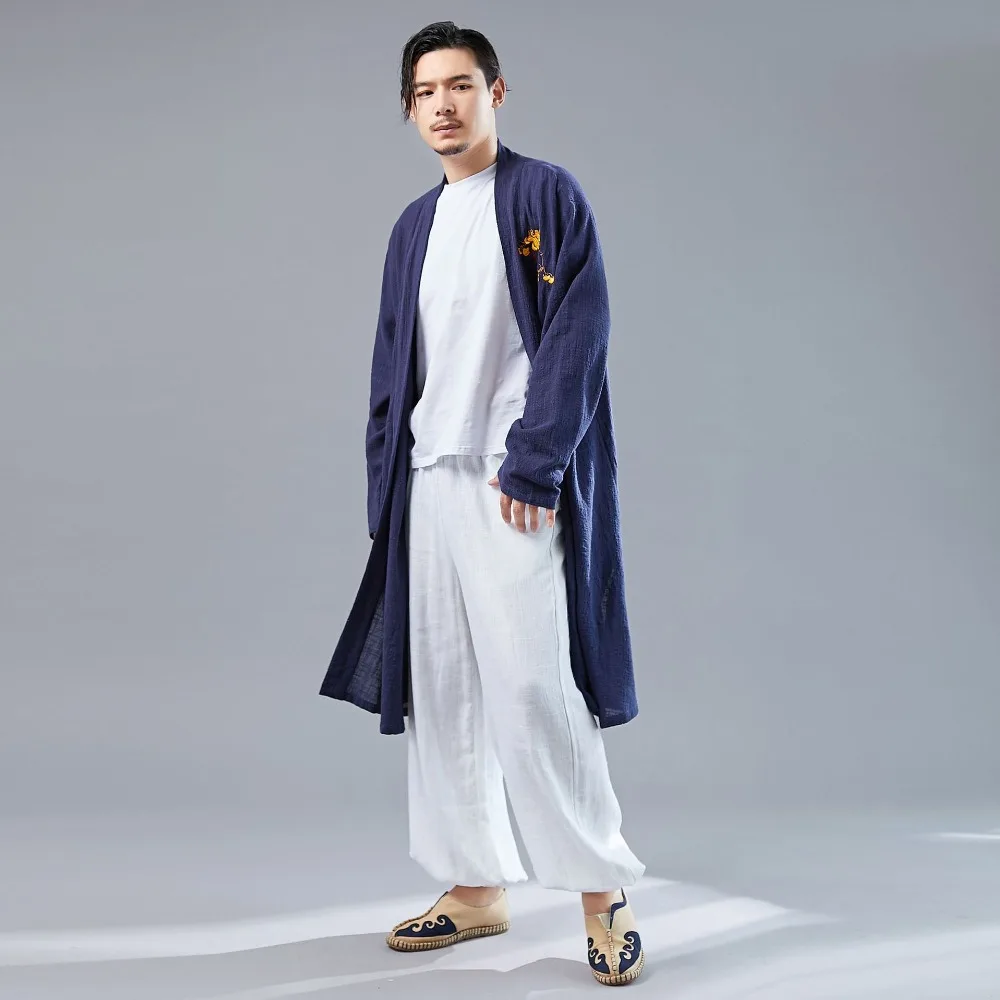 LZJN 2019 Casual Long Sleeve Shirt Summer Men's Vintage Embroidery Kimono Cardigan Cotton Linen Cloak Poncho Open Front Coat (17)
