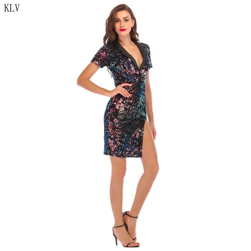 

Women Short Sleeves Cocktail Party Mini Bodycon Dress Reflective Glitter Sequins Notched Lapel Collar Deep V-Neck Button Side