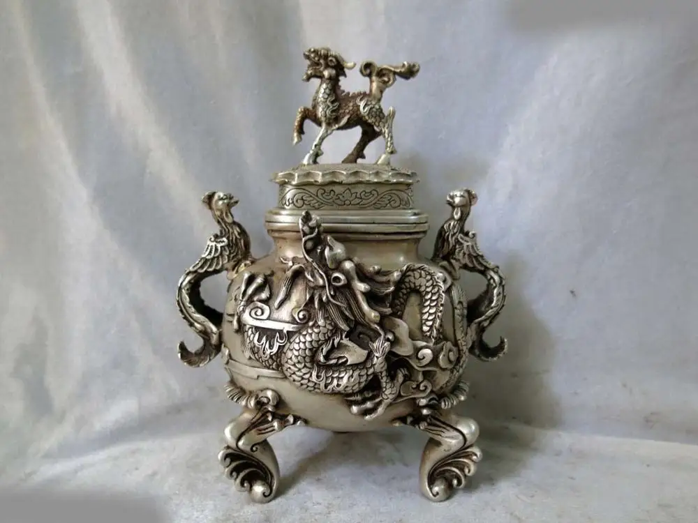 

Fine silver censer China carved Foo Dogs Dragon phoenix incense burner Statue