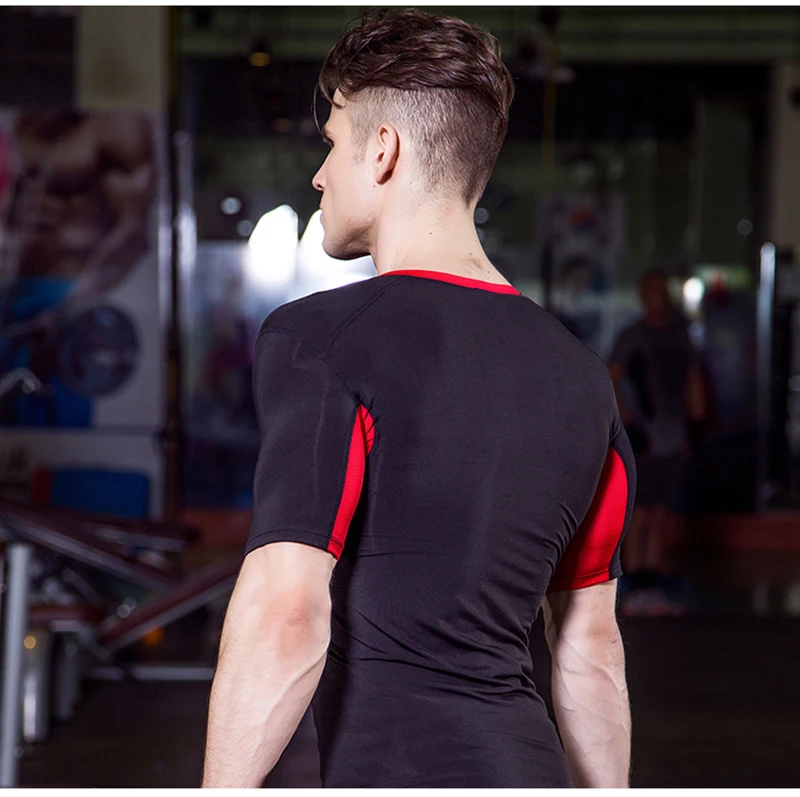 Летний для мужчин's комплект для бега тренажерный зал фитнес-плотно рубашки с короткими рукавами и шорты для женщин спортивный костюм дышащие черны