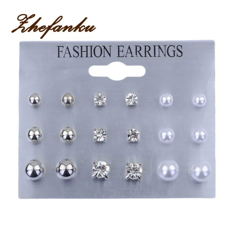

9pairs/set Fashion Imitation Pearl Rhinestone Stud Earrings Sets Classic Style Earring Stud Earring Set