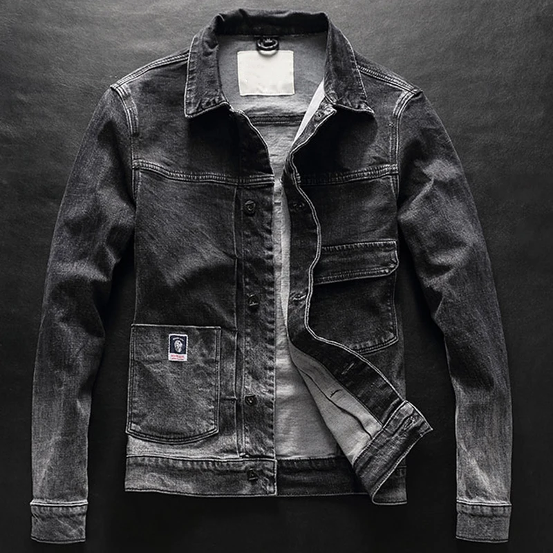 

2019 Autumn Spring Mens Denim Jacket Coats Male Japanese Style Retro Vintage Youth Mens Suit Dress Stretch Jacket Black 3XL A216