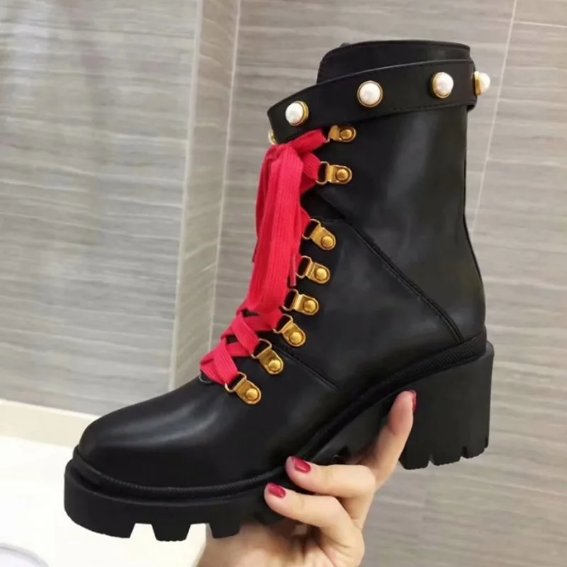 Real Leather Black Ankle Boots Women Round Toe Mixed Color Pearl Rivet High Heel Boots Woman Fashion Martin Boots