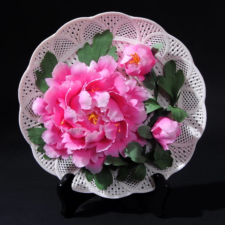 

10 inch Luoyang red peony porcelain Dehua ceramic ornaments hanging plate business gifts gift box with a disk
