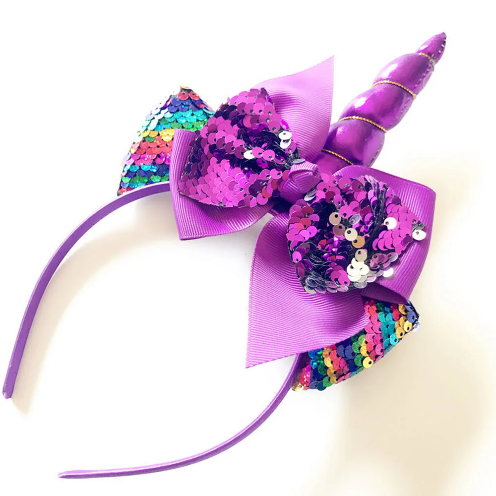 Блестящая мультяшная повязка на голову для девочек, Большая лента для волос с блестками для детей, Радужный Рог из мультфильма вечерние аксессуары для волос - Цвет: purple