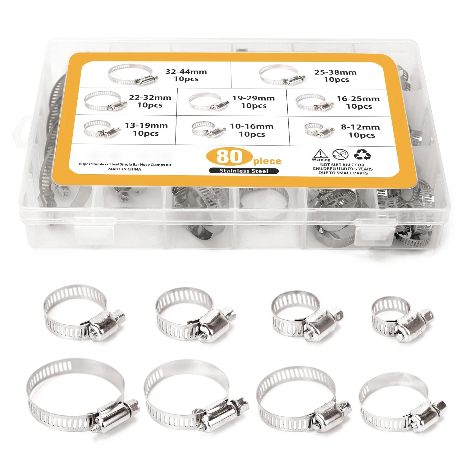 

80 Pieces Adjustable 5/16-1-23/32 inch Range Worm Gear Hose Clamps Assortment Kit, 8 Size,One Dual-purpose Screwdriver Include