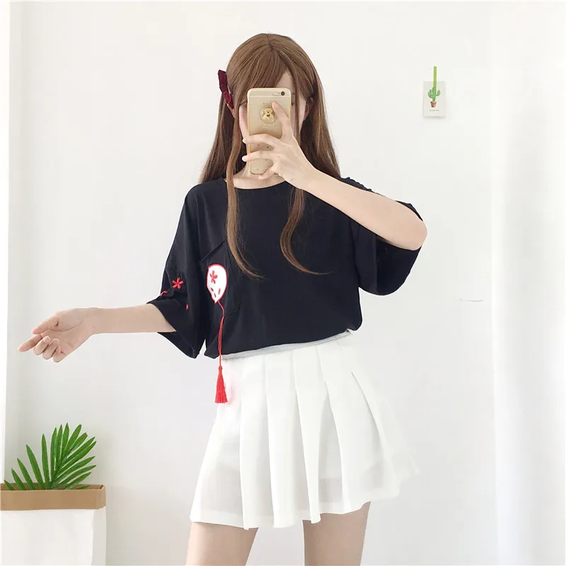 Лето Новое поступление Женская Футболка Harajuku Сладкая Сакура вышивка кисточки короткий рукав с круглым вырезом Повседневная футболка Топы футболки Femme