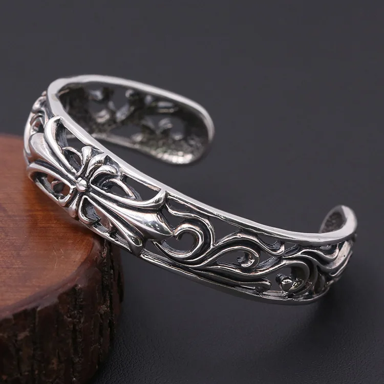

S925 Sterling Silver Jewelry Retro Thai Silver Men Korean Version Of The Popular Pierced Cross Personality Open Ended Bangle