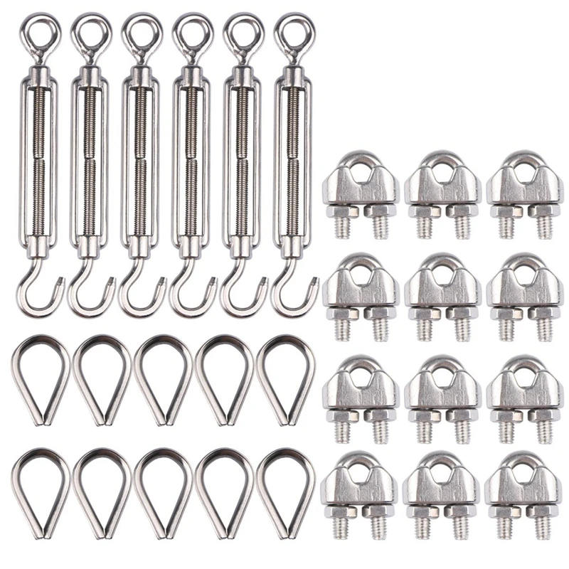 

12 piece 1/8 inch wire rope clamp (M3), 10 piece set of thimble (M3), stainless steel set, 6 piece set Hook and eye fastener (