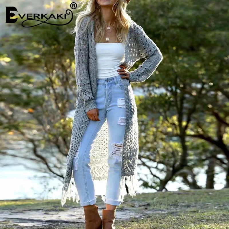 Everkaki Boho с кисточками однотонный вязаный кардиган свитер для женщин выдалбливают