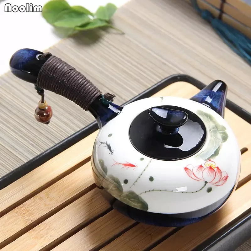 

NOOLIM Yixing Ceramic Tea Pot Chinese Style Celadon Side Wood Handle Teapot Vintage Hand Painted Lotus Kung Fu Tea Set