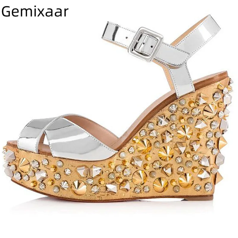 

High Wedge Decor Rivet Sandals Shoes Women Peep Toe Slim Shallow Ankle Buckle Footwear Bling Silver 6cm Platform Sandals Woman
