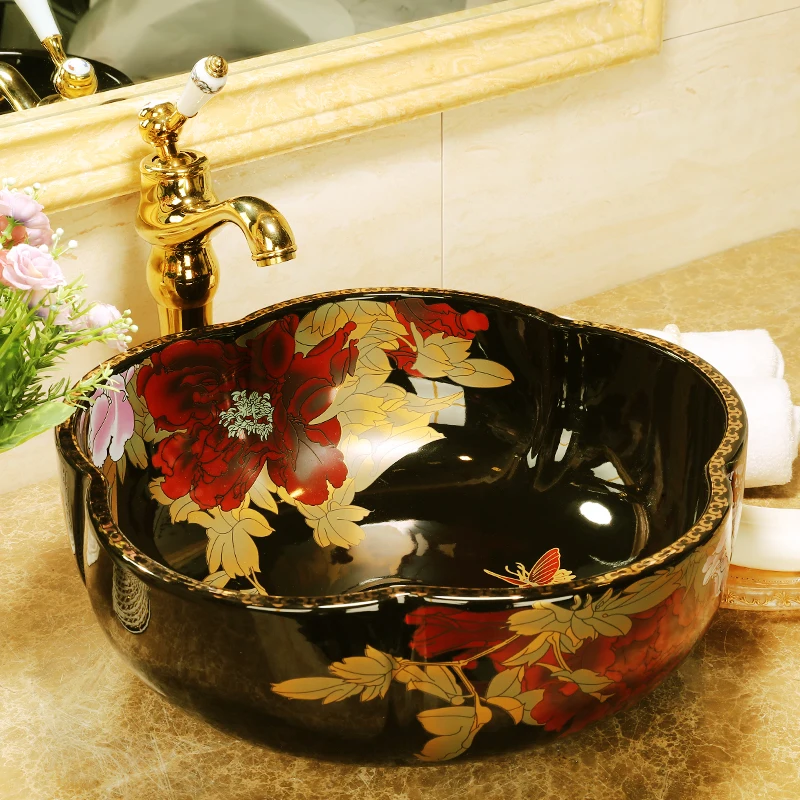 Flower Shape China Handmade Lavabo Ceramic Washbasin Europe Luxurious Artistic Bathroom Sink chinese ceramic wash basin sinks   (4)