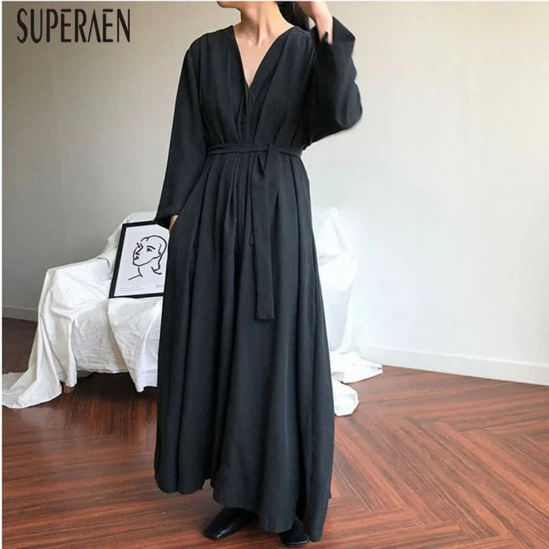 

SuperAen Korean Style Women Long Dress Solid Color Cotton Casual Wild Dress Female Spring New 2019 Long Sleeve Women Clothing