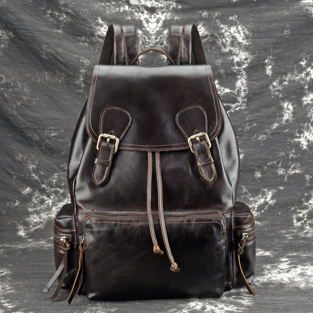 

High Quality Genuine Leather Knapsack Oil Wax Cowhide Backpack Computer School Book Bag Travel Male Rucksack School Daypack