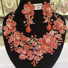 Роскошный красный свадебный цветок, ожерелье, серьги, набор массивных свадебных ювелирных изделий, Кристальные стразы, ювелирные изделия для женщин WC027